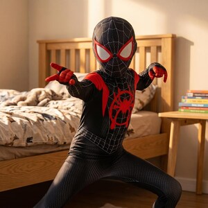 Puede incluir: Un ni&ntilde;o con un disfraz de Spider-Man negro y rojo, con m&aacute;scara, est&aacute; en un dormitorio. El disfraz presenta un dise&ntilde;o de telara&ntilde;a y un emblema de ara&ntilde;a roja en el pecho. El ni&ntilde;o posa con las manos en una postura de superh&eacute;roe.