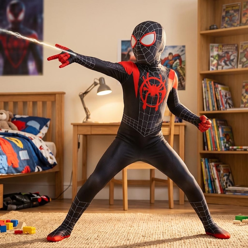 Puede incluir: Un ni&ntilde;o con un disfraz de Spider-Man negro y rojo, con m&aacute;scara, posa en un dormitorio. El disfraz presenta un dise&ntilde;o de telara&ntilde;a y un gran emblema de ara&ntilde;a roja en el pecho. El ni&ntilde;o extiende su brazo como si disparara una telara&ntilde;a.