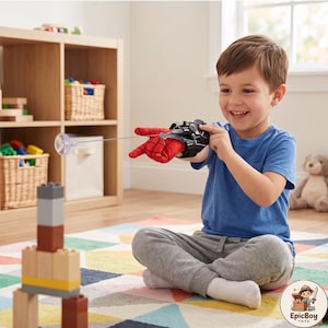 Könnte beinhalten: Ein schwarz-rotes Spielzeug-Netzwerfer-Set für die Hand, bestehend aus einem roten Stoffhandschuh mit schwarzem Spinnennetz-Muster und einem schwarzen mechanischen Handgelenkgerät, das ein durchsichtiges Kunststoffprojektil mit Saugnapf abschießt.