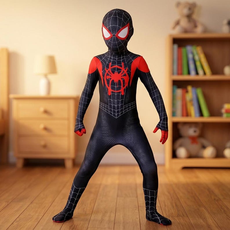 Puede incluir: Un disfraz de Spider-Man negro y rojo. El traje de cuerpo entero presenta un dise&ntilde;o de telara&ntilde;a, detalles rojos en los hombros y las manos, y un emblema de ara&ntilde;a en el pecho. La m&aacute;scara tiene ojos blancos.
