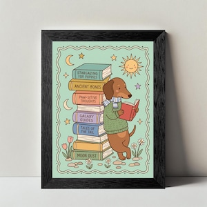 Dachshund Reading Book Canvas Print, Boho Kids Illustration, Toddler Reading Nook Decor