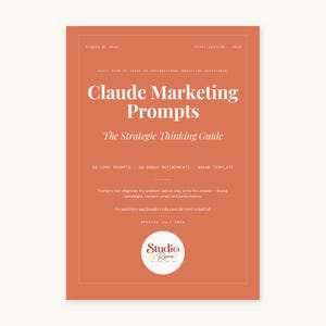 Può includere: Una guida di marketing rettangolare arancione intitolata Claude Marketing Prompts: The Strategic Thinking Guide. La copertina include testo che dettaglia 60 prompt principali, 20 raffinamenti bonus e un modello di brand, con il logo Studio by Rana.