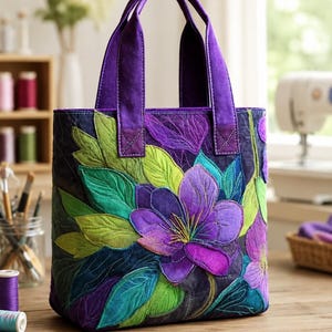 May include: A vertical tote bag featuring a quilted fabric surface with a vibrant floral pattern. The design showcases large purple and magenta flowers surrounded by bright green and teal leaves against a dark navy background, with two purple handles.
