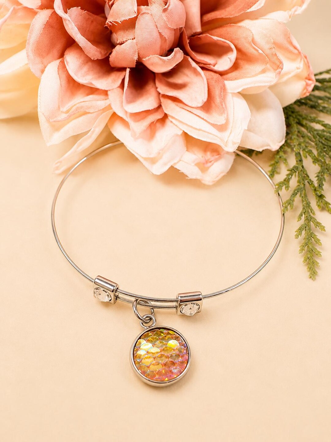 Expandable Wire Bangle With Silver Round Orange Dragon Scale Dangle ...