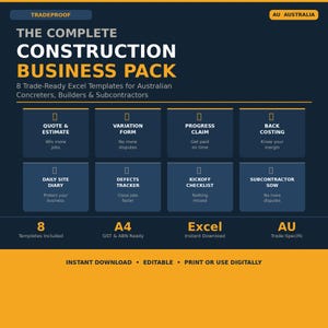 Australische Konstruktionsvorlagen | 8 Excel Bundle — Angebotsrechnungsvariante GST | Betonunternehmer | Sofort Download 2026