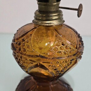 Vintage Amber Pressed Glass Oil Lamp Hong Kong Diamond Pattern No Chimney