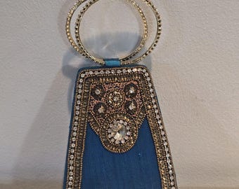 Beaded  Evening Bag Blue Rhinestone Handle Purse Missing Stones