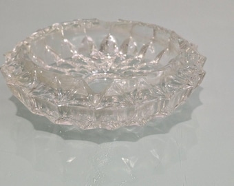 Vintage Cut Crystal Glass Ashtray Heavy Starburst Diamond Pattern Cigarette...