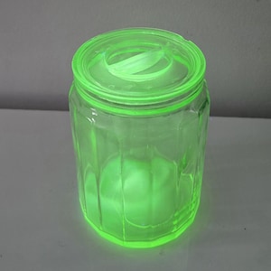 Vintage Uranium Glass Green Depression Glass Canister Jar w Lid UV Glow Paneled