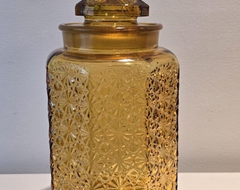 Vintage Amber Glass Apothecary Jar Canister Daisy Button Lidded 10 Retro
