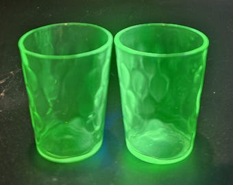 Pair Vintage Uranium Glass Shot Glasses Green Depression UV Glow Vaseline Glass