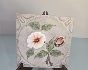Hand Painted Floral Ceramic Tile Trivet Majolica Style