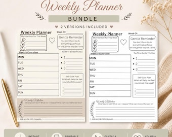 Puede incluir: Un paquete de planificador semanal imprimible con dos versiones, con un diseño suave y consciente. El planificador incluye secciones para resúmenes semanales, recordatorios suaves y planes de autocuidado. El diseño es en blanco y negro.