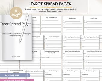 Puede incluir: Un conjunto de 8 páginas imprimibles para tiradas de tarot en papel blanco con texto y líneas negras. Las páginas incluyen encabezados como Past Present Future, 3-Card Pull, 5-Card Tarot Spread y Love/Relationship Spread, con espacios para notas.