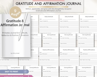 Puede incluir: Un diario de gratitud y afirmaciones imprimible de 9 páginas de Aimy Israel con páginas blancas y texto negro. Las secciones incluyen Daily Gratitude, Morning Mindset, Positive Affirmations y Evening Reflection con líneas para escribir.