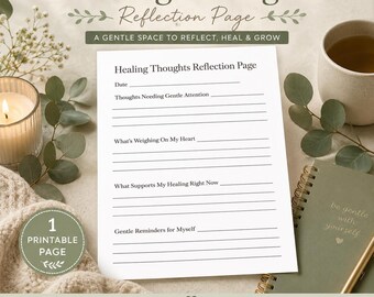 Puede incluir: Una página imprimible de "Healing Thoughts Reflection Page" con indicaciones para la autorreflexión. La página está rodeada por una vela encendida, una taza de té, un diario y vegetación. El texto incluye "A Gentle Space to Reflect, Heal & Grow."