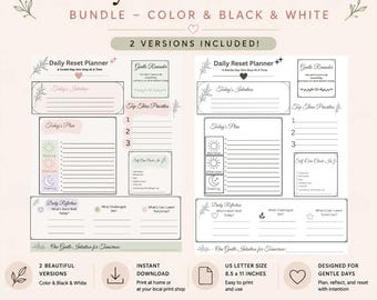 Puede incluir: Un paquete de planificadores Daily Reset que incluye dos versiones, una en color y otra en blanco y negro. Cada página incluye secciones para Today's Intention, Top Three Priorities, Today's Plan, Self-Care Check-In y Daily Reflection. Tamaño 21,6 x 27,9 cm.