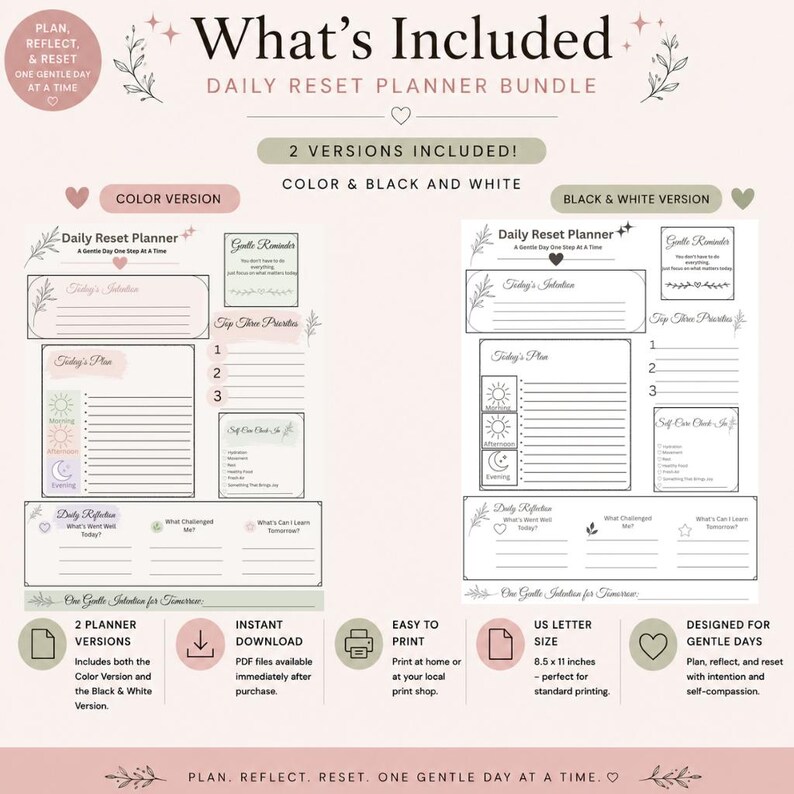 Daily Reset Planner Bundle, Printable Daily Planner, Self Care Planner, Wellness Planner, Reflection Journal, Mindful Planner PDF Download image 5