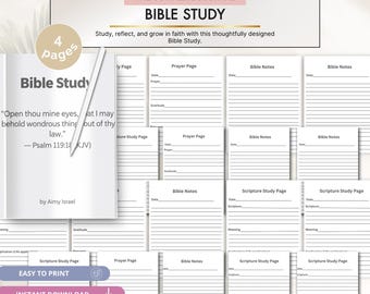 Puede incluir: Un diario de estudio bíblico digital de cuatro páginas con secciones rayadas para oración, estudio de las escrituras y notas. La portada muestra el texto "Bible Study," "Open thou mine eyes, that I may behold wondrous things out of thy law. — Psalm 119:18 (KJV)," y "by Aimy Israel."