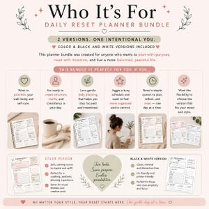 May include: A digital infographic for a Daily Reset Planner bundle. The text includes Who It's For, 2 Versions, One Intentional You, and details on color and black and white versions. It features icons, planner page previews, and descriptive text.