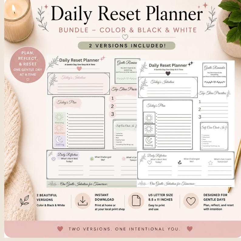 Daily Reset Planner Bundle, Printable Daily Planner, Self Care Planner, Wellness Planner, Reflection Journal, Mindful Planner PDF Download image 2
