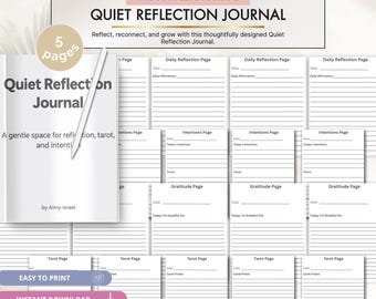 Puede incluir: Un diario de reflexión digital de 5 páginas con secciones para reflexiones diarias, intenciones, gratitud y lecturas de tarot. El diseño incluye espacios con líneas para fechas y notas, presentado en un formato listo para imprimir.
