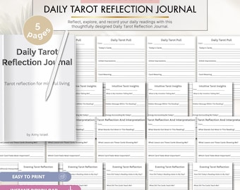 Puede incluir: Un diario de reflexión diaria de tarot de 5 páginas, con una cubierta blanca con texto negro y un lápiz óptico blanco. Las páginas interiores incluyen secciones para tiradas diarias, intuiciones, reflexiones, interpretaciones y reflexiones nocturnas con espacios rayados para escribir.