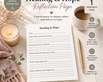 Puede incluir: Una página de reflexión imprimible "Healing & Hope" con indicaciones para la autorreflexión. El diseño incluye una taza de café, una vela encendida y un bolígrafo dorado. La página está diseñada para ayudar a liberar, reflexionar y aferrarse a la esperanza.