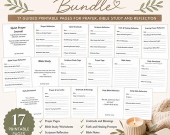 Puede incluir: Un paquete de fe y devoción con 17 páginas imprimibles para oración, estudio bíblico y reflexión. Las páginas blancas contienen varias indicaciones, líneas para escribir y versículos bíblicos. El título dice Faith and Devotional Bundle.