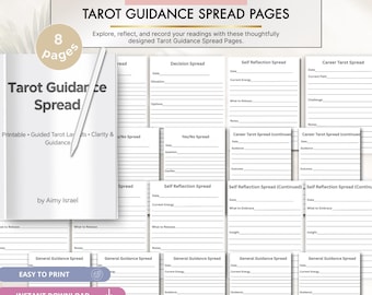 Puede incluir: Una colección de ocho páginas imprimibles de Tarot Guidance Spread en papel blanco con texto y líneas negras. Las hojas incluyen encabezados como Decision Spread, Self Reflection Spread y Career Tarot Spread con campos en blanco para fechas y notas.