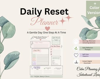 Puede incluir: Un planificador digital de reinicio diario con una paleta de colores suaves. El planificador incluye secciones para intenciones diarias, planes y reflexión, con indicaciones para el autocuidado y la vida intencional. El texto "Daily Reset Planner" se muestra en la parte superior.