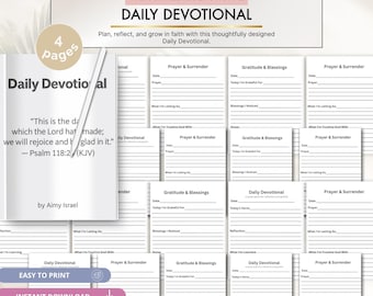 Puede incluir: Un conjunto de cuatro páginas devocionales diarias imprimibles con texto negro sobre fondo blanco. Las páginas incluyen secciones para oración, entrega, gratitud, bendiciones y reflexión, con una cita del Salmo 118:24 de Aimy Israel.