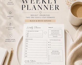 Puede incluir: Un planificador semanal en blanco y negro con el texto "Weekly Planner". Incluye secciones para intenciones, resumen semanal, prioridades y autocuidado. Formato US Letter 21,6 x 27,9 cm.
