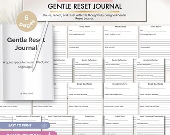 Puede incluir: Un diario de seis páginas titulado Gentle Reset Journal con una cubierta blanca y texto negro que dice Gentle Reset Journal, A quiet space to pause, reflect, and begin again, by Aimy Israel. Las páginas interiores incluyen secciones para Mind Reset, Gentle Reflection, Small Comforts y Fresh Start.