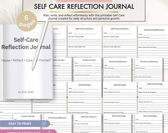 Puede incluir: Un diario de reflexión sobre el autocuidado imprimible de 6 páginas con indicaciones para la estructura diaria y el crecimiento personal. Incluye secciones para el registro de autocuidado, comodidad, reflexión emocional y objetivos.