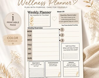 Puede incluir: Un planificador semanal de bienestar imprimible en tonos beige y blanco. Incluye secciones para resúmenes semanales, controles diarios y planes de autocuidado. El texto incluye "Weekly Wellness Planner" y "Instant Download." El diseño es para el autocuidado.