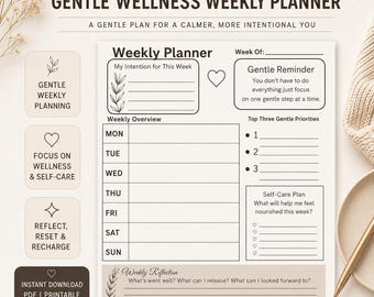 Puede incluir: Un planificador semanal de bienestar suave imprimible, en beige y blanco. El planificador incluye secciones para la planificación semanal, recordatorios suaves y planes de autocuidado. El texto incluye "Quiet Star Studio".