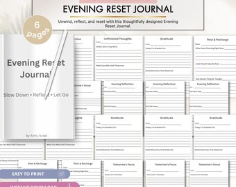 Puede incluir: Un diario de seis páginas Evening Reset Journal con una cubierta blanca que presenta el texto Evening Reset Journal, Slow Down, Reflect, Let Go y by Almy Israel. Las páginas interiores incluyen secciones para Unfinished Thoughts, Gratitude.