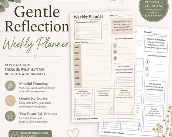 Puede incluir: Un paquete de planificador semanal Gentle Reflection con dos versiones: color y blanco y negro. El planificador incluye secciones para la descripción general semanal, la planificación consciente y los controles diarios. El diseño presenta acentos florales.