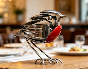 Rotkehlchen-Skulptur aus Altmetall, Upcycled-Silbervogel, rustikales Garten- und Terrassendekor, zweckentfremdete Besteckkunst, einzigartiges Geschenk für Naturliebhaber