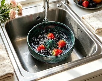 Ciotola per frutti di bosco in ceramica fatta a mano con motivo a spirale e foro di drenaggio / Colino per frutta in stile cottagecore e regalo per l'inaugurazione della casa