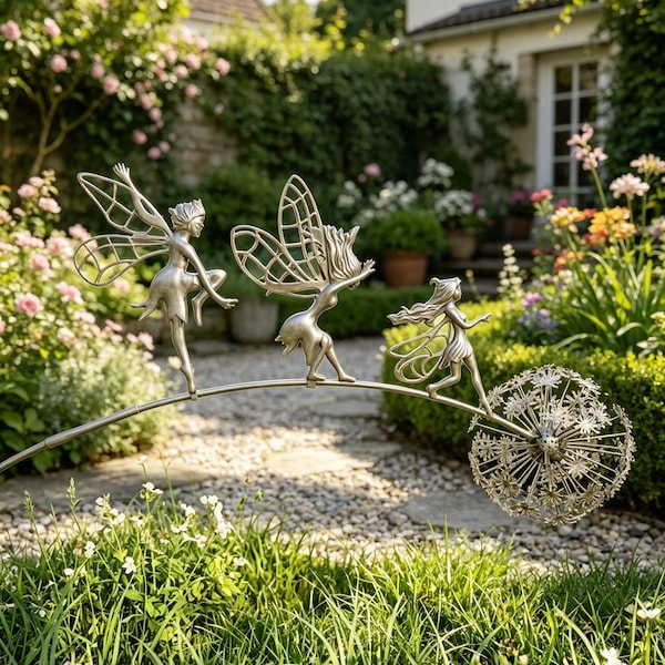 Escultura de jardim encantadora em metal com fada e dente-de-leão, ornamento de gramado artesanal e caprichoso, decoração mágica para o jardim.