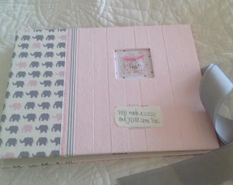 BABY BOOK, GIRL Baby Memory Book, "Wish Came True", Baby Animals, Pink and Grey Elephants,Photo Book for Baby, Baby's Monthly Progress