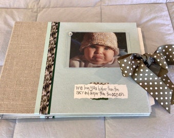 Precious BABY BOY Record book, "A Boy's Story" light blue and tan linen, camo ribbon, Boy Baby Book, memories, first year and beyond, photos