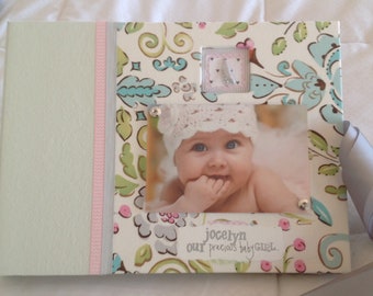 Personalized BABY BOOK, GIRL Baby Memory Book. Sweet new baby fabric and creamy mint green paper. Photo book, baby's monthly progress.