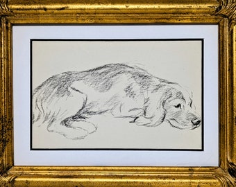 MATTED Puppy Print, Antique Dog PRint,Lucy Dawson, 5x7 Mounted Print  1930s Spaniel Print, black & white Wall Decor, Antique Decor, B-5
