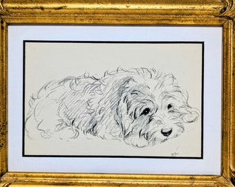 MATTED Puppy Print, Antique Dog PRint,Lucy Dawson, 5x7 Mounted Print  1930s Terrier Print, black & white Wall Decor, Antique Decor, B-5