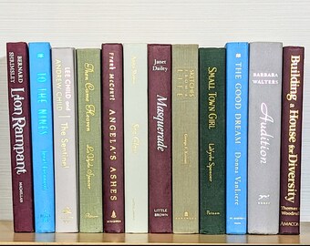 Decorative Books, natural Book Collections, Burgundy Green Blue Home staging, Fall Home decor, Books by color for decoration.