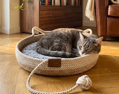 Woven Cat Basket Bed | Seagrass Nest With Japanese Wave Cushion | Rope Toy