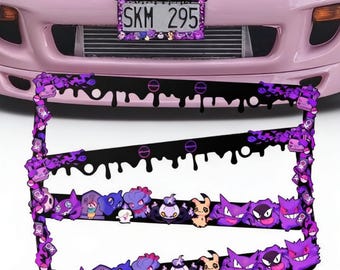 Cadre de plaque d'immatriculation Pokémon gothique : style JDM nord-américain avec effet goutte pourpre et illustrations de personnages sombres pour les amateurs de voitures